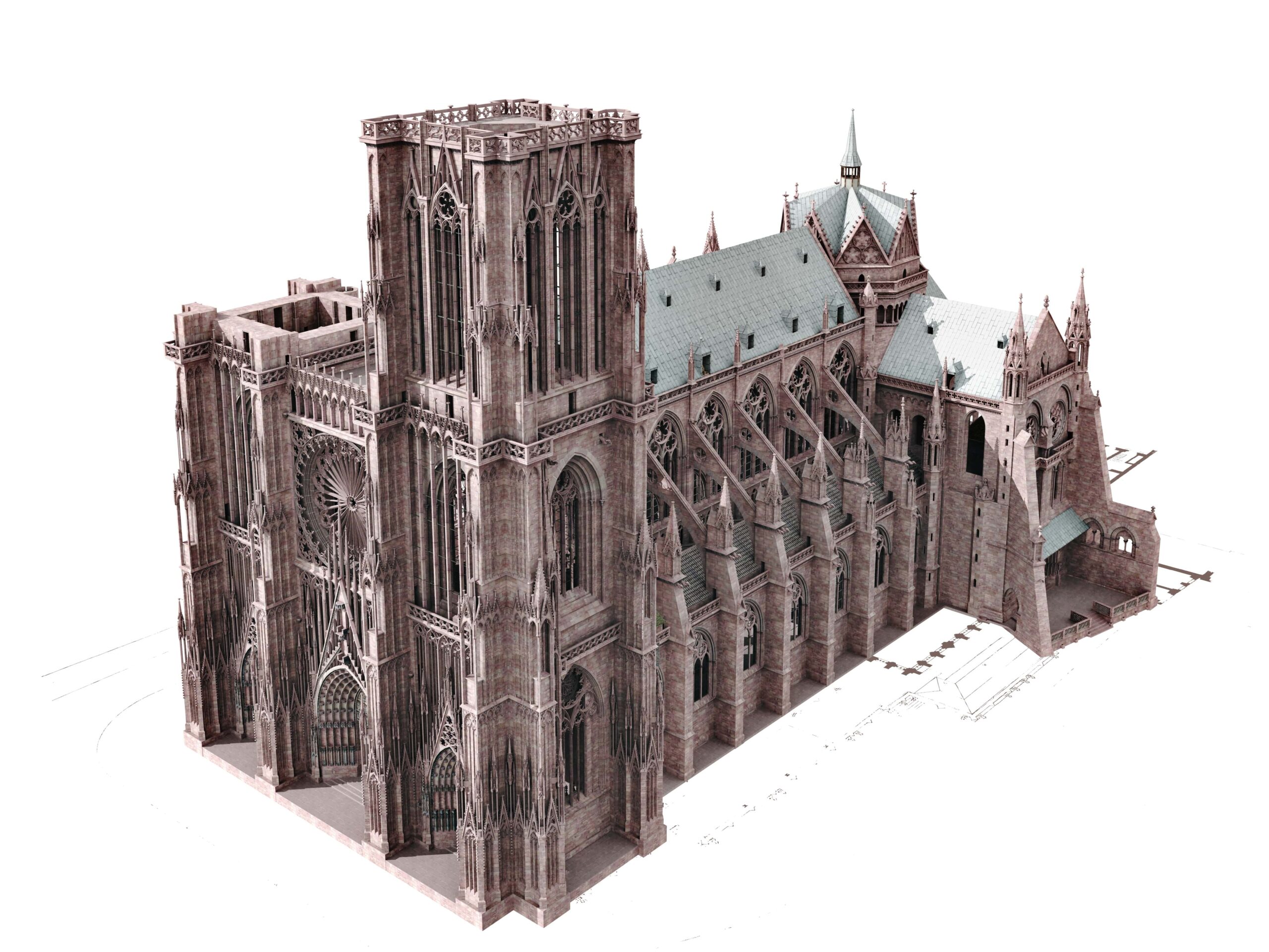 Hypothèse de restitution des étapes de construction de la cathédrale de Strasbourg, vers 1340.