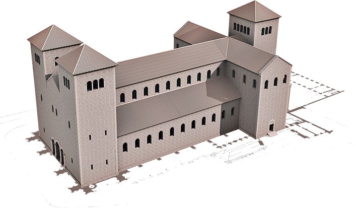 Hypothèse de restitution des étapes de construction de la cathédrale de Strasbourg, vers 1050, crédit : F.OND, 3D Stéphane Potier - Inventive studio
