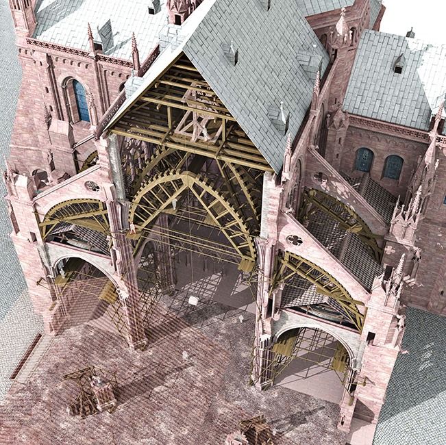 Hypothèse de restitution du chantier gothique de la cathédrale de Strasbourg vers 1235, crédit : F.OND, 3D : Inventive Studio - Stéphane Potier