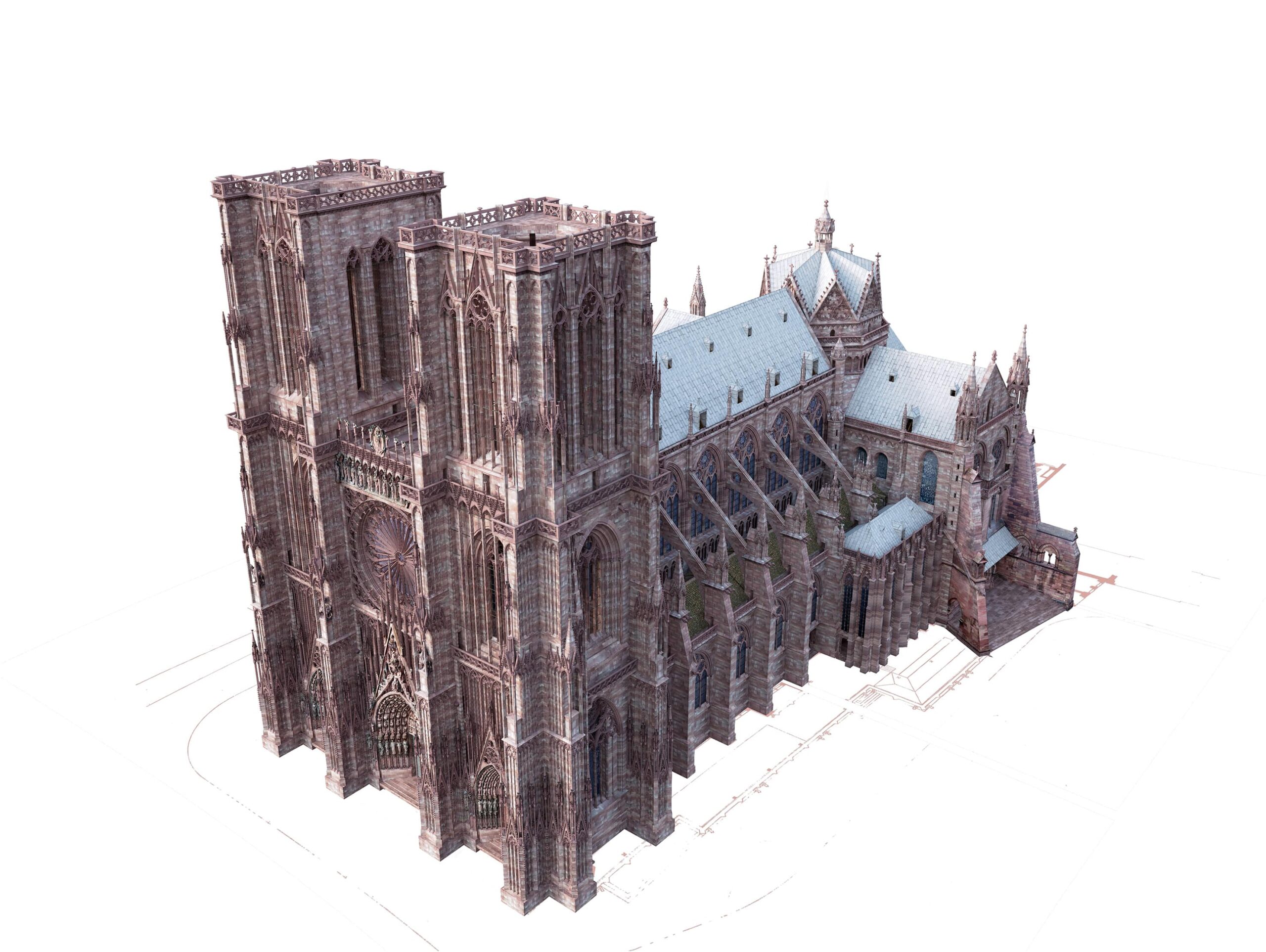 Hypothèse de restitution des étapes de construction de la cathédrale de Strasbourg, vers 1371, crédit : F.OND, 3D Stéphane Potier - Inventive studio