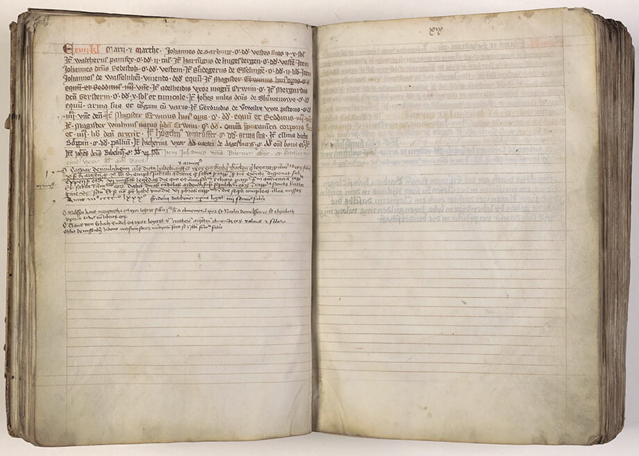 Livre des donations de l'Œuvre Notre-Dame, 1324-1529 (détail, mention du don du maître d’œuvre Erwin), crédit : Archives de la ville et de l’Eurométropole de Strasbourg