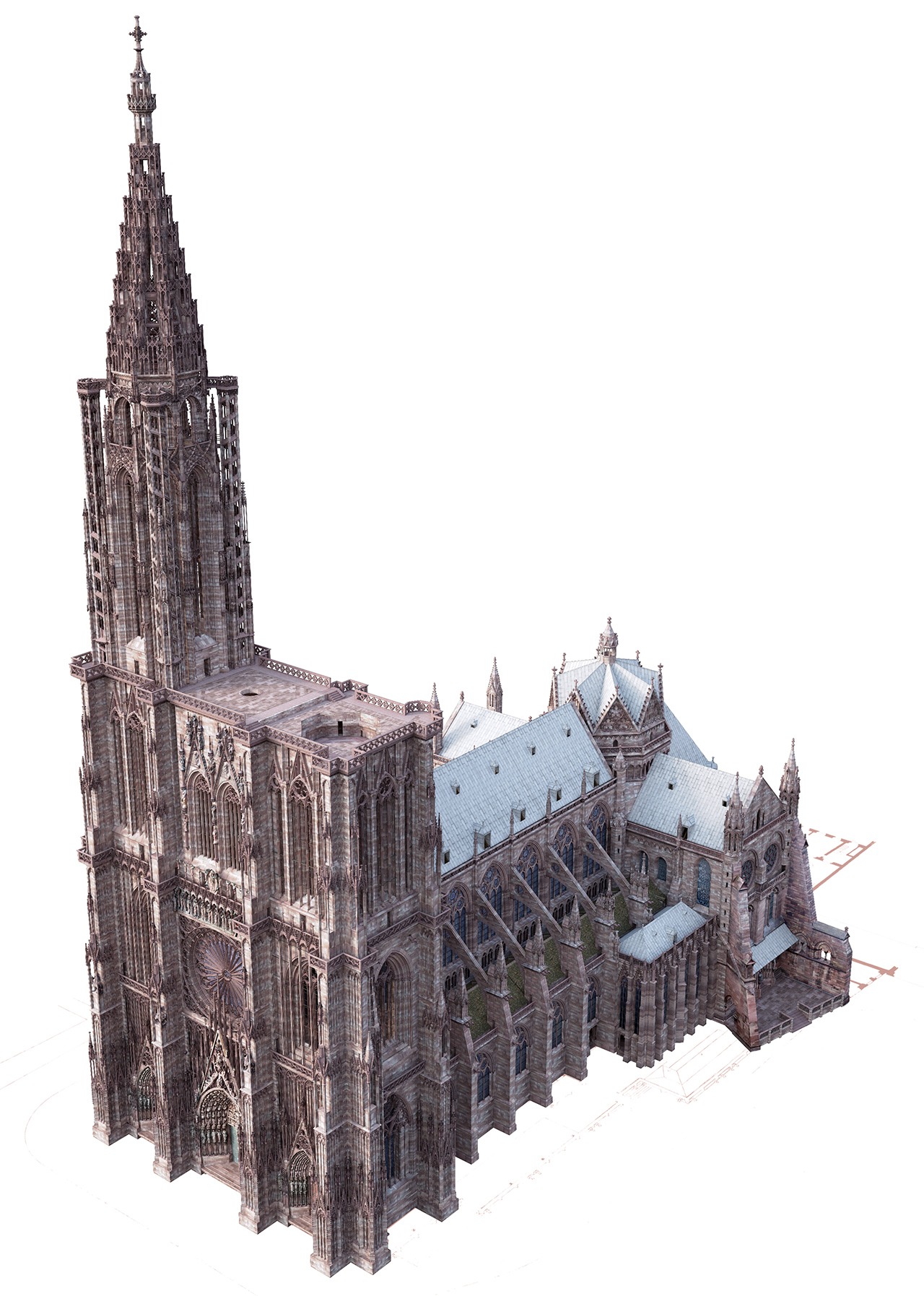 Hypothèse de restitution des étapes de construction de la cathédrale de Strasbourg, vers 1439, crédit : F.OND/ Stéphane Potier - Inventive Studio