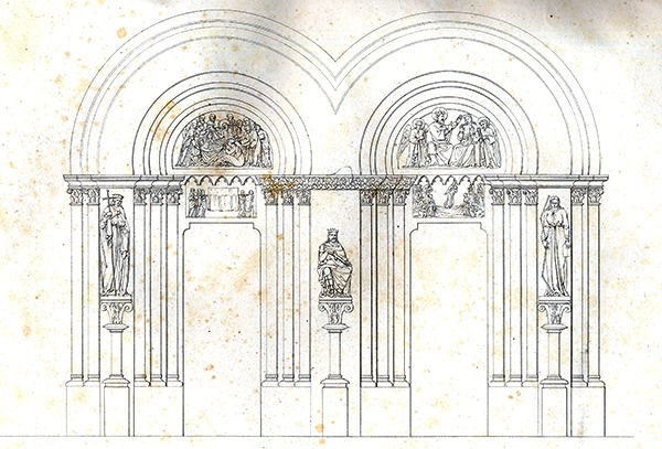 Dessin, portail du bras sud du transept, August. de Bayer, 1828, crédit : Cabinet des estampes/ Musée de l'Œuvre Notre-Dame, photo : Mathieu Bertola