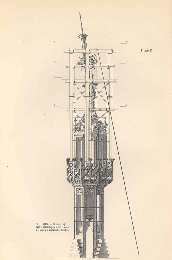 Dessin pour la restauration de la flèche, crédit : F.OND, 1870