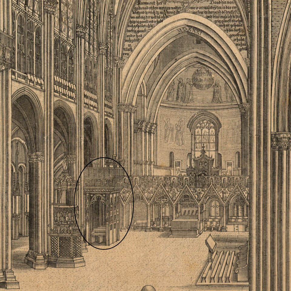 Chapelle de la Vierge représentée sur une gravure de la nef (extrait) d'Isaac Brunn en 1630