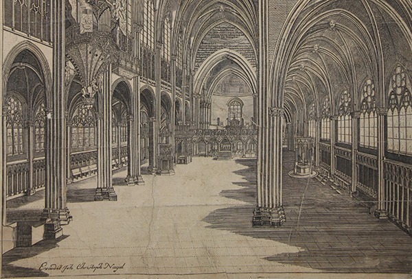 Gravure, intérieur de la cathédrale de Strasbourg avec le jubé, extrait, Christophe Naegel, 1630