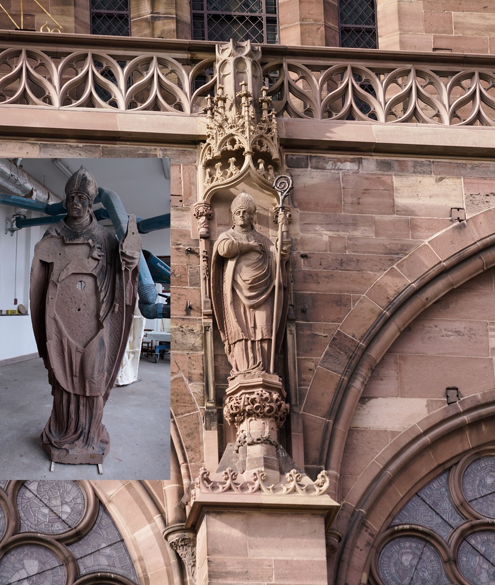 Sculpture de Saint-Arbogast avant et après interventions en conservation-restauration, crédit : F.OND