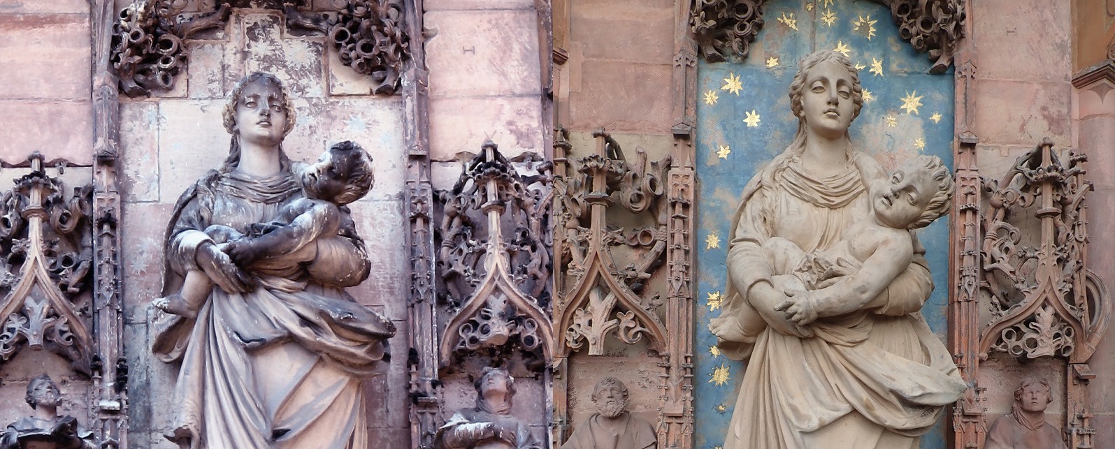 Sculpture de la Vierge à l'Enfant, avant et après intervention en conservation-restauration, crédit : F.OND