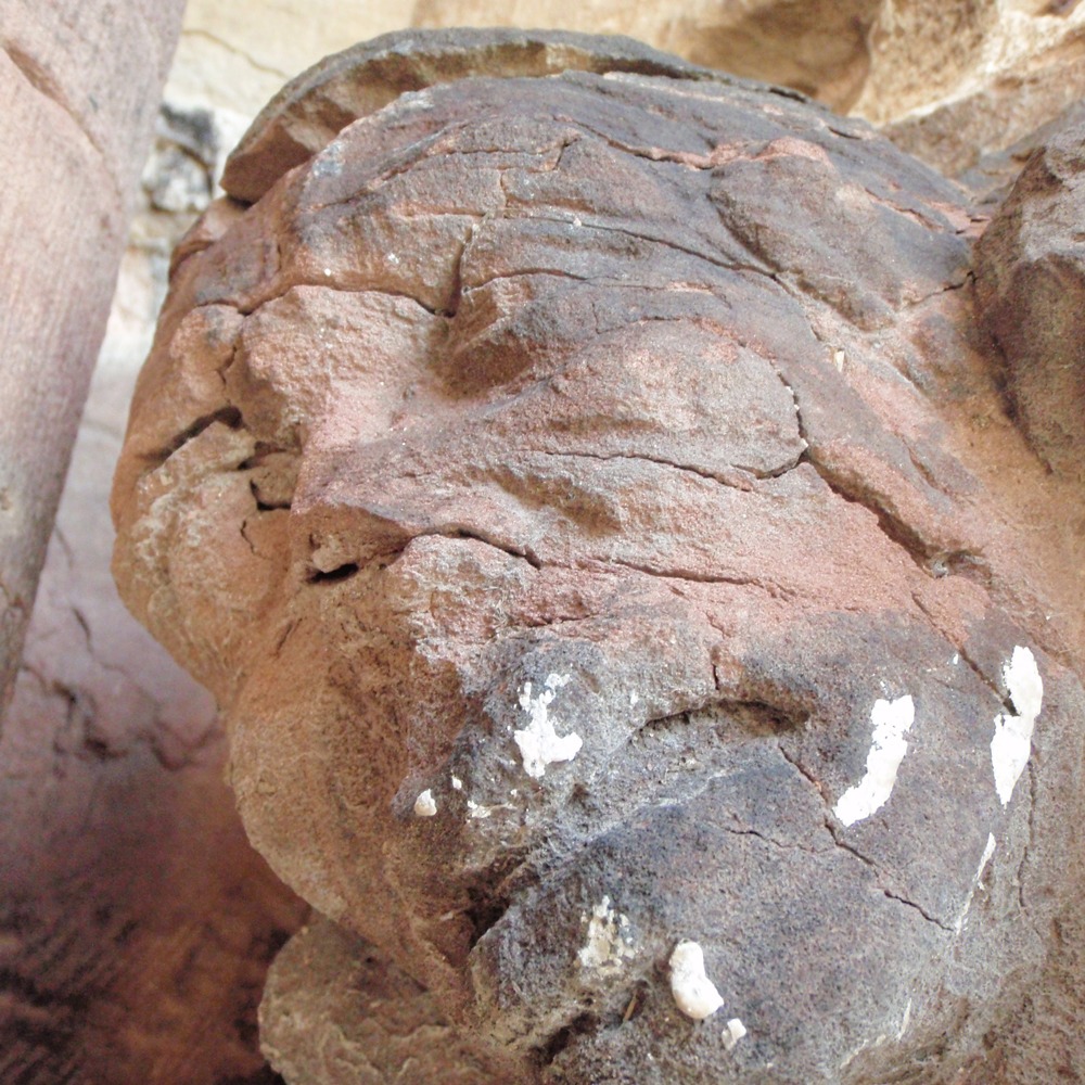 Détail de la pierre aux personnages, avant traitement en conservation, crédit : F.OND