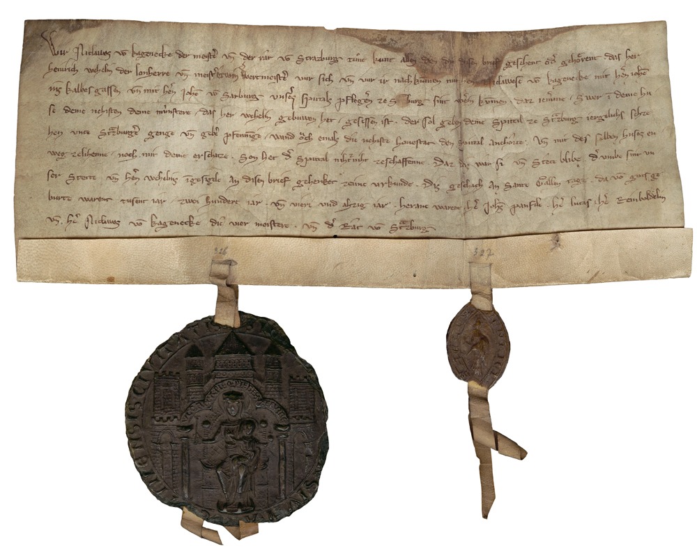 Le contrat d’Erwin de Steinbach, Première mention d’Erwin, maître d’œuvre de la cathédrale, 16 octobre 1284, charte 263, crédit : Archives Municipales de la Ville et de l’Eurométropole de Strasbourg.