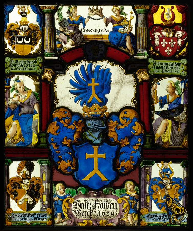 Le vitrail aux armes de l’Œuvre-Notre-Dame, salle des administrateurs du Musée de l’Œuvre Notre-Dame, crédit : Musées de la Ville de Strasbourg, photo : Mathieu Bertola.