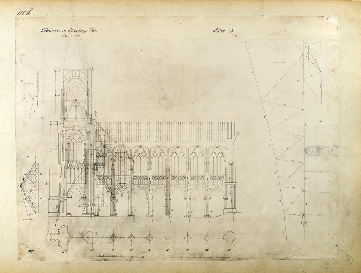 Coupe transversale de la cathédrale. Lorsque le pilier de la tour s’affaisse, les forces se reportent sur le premier pilier de la nef, beaucoup plus élancé, 1912.